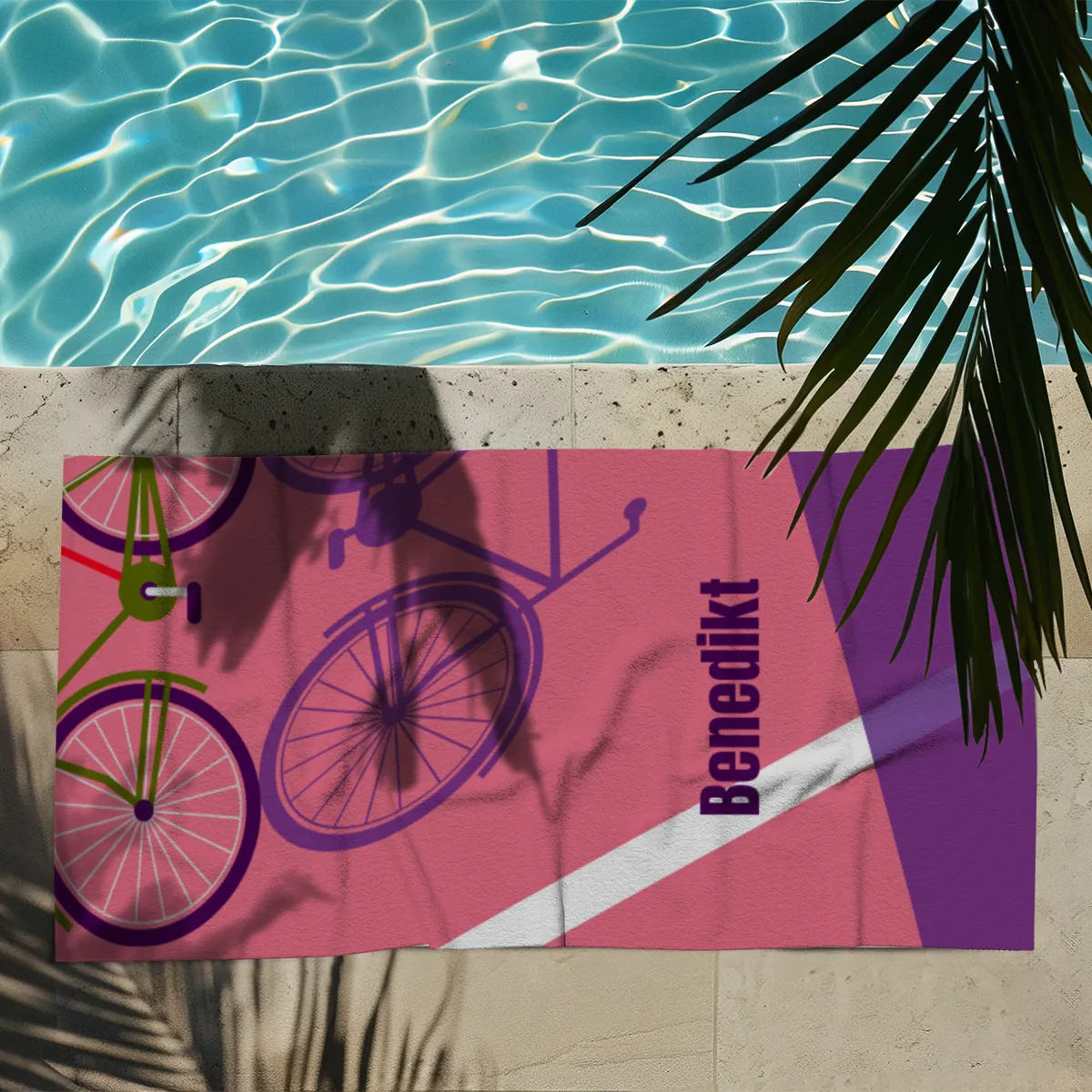 Badetuch Sport - mit Namen personalisierbar - personalisiertes Namens-Badetuch - Strandtuch mit Wunschtext - Fahrrad Schatten