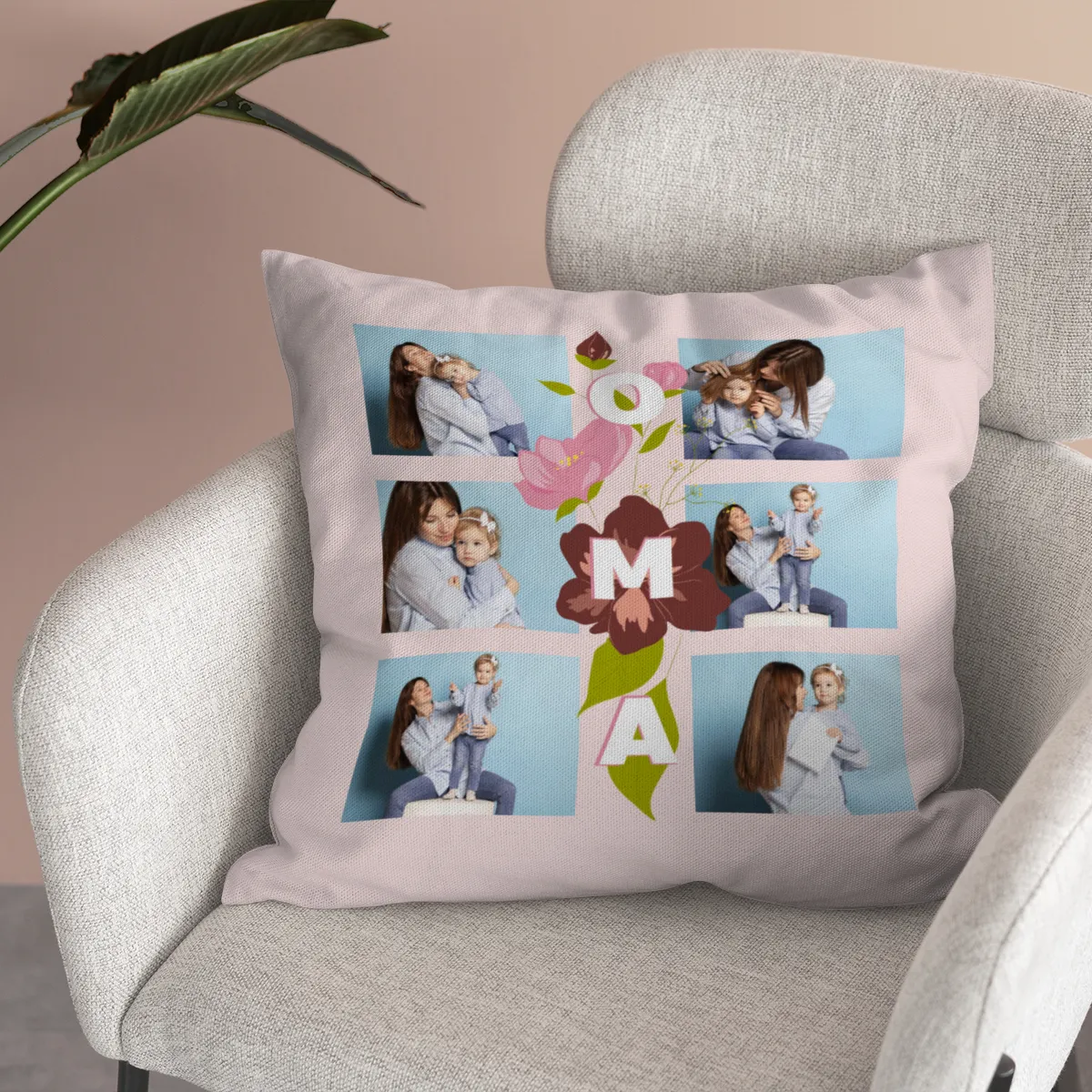 Personalisierter Samtkissenbezug Oma - Platz für 6 Fotos auf Vorderseite - Fotokissen Geschenk Geburtstag
