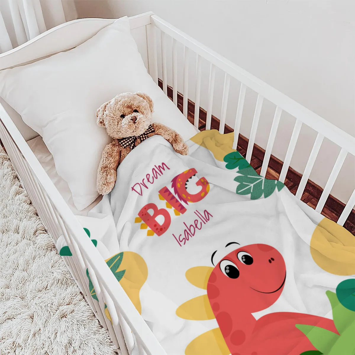 Wohndecke Dream big mit Namen personalisierbar, Kuscheldecke, Namensdecke mit niedlichem Dino, Geschenkidee Geburtstag Motiv Dino rot 140 x 200 cm