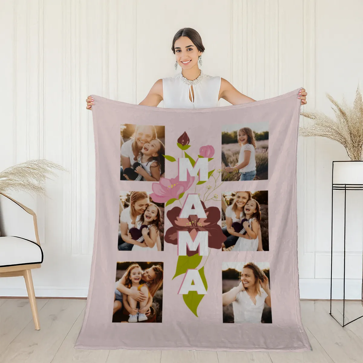 Kuscheldecke Mama Blüten 140 x 200 cm - mit 6 Fotos personalisierbar - Fotodecke selbst gestalten - Geschenkidee Muttertag Mama Blüten 6 Fotos 140 x 200 cm