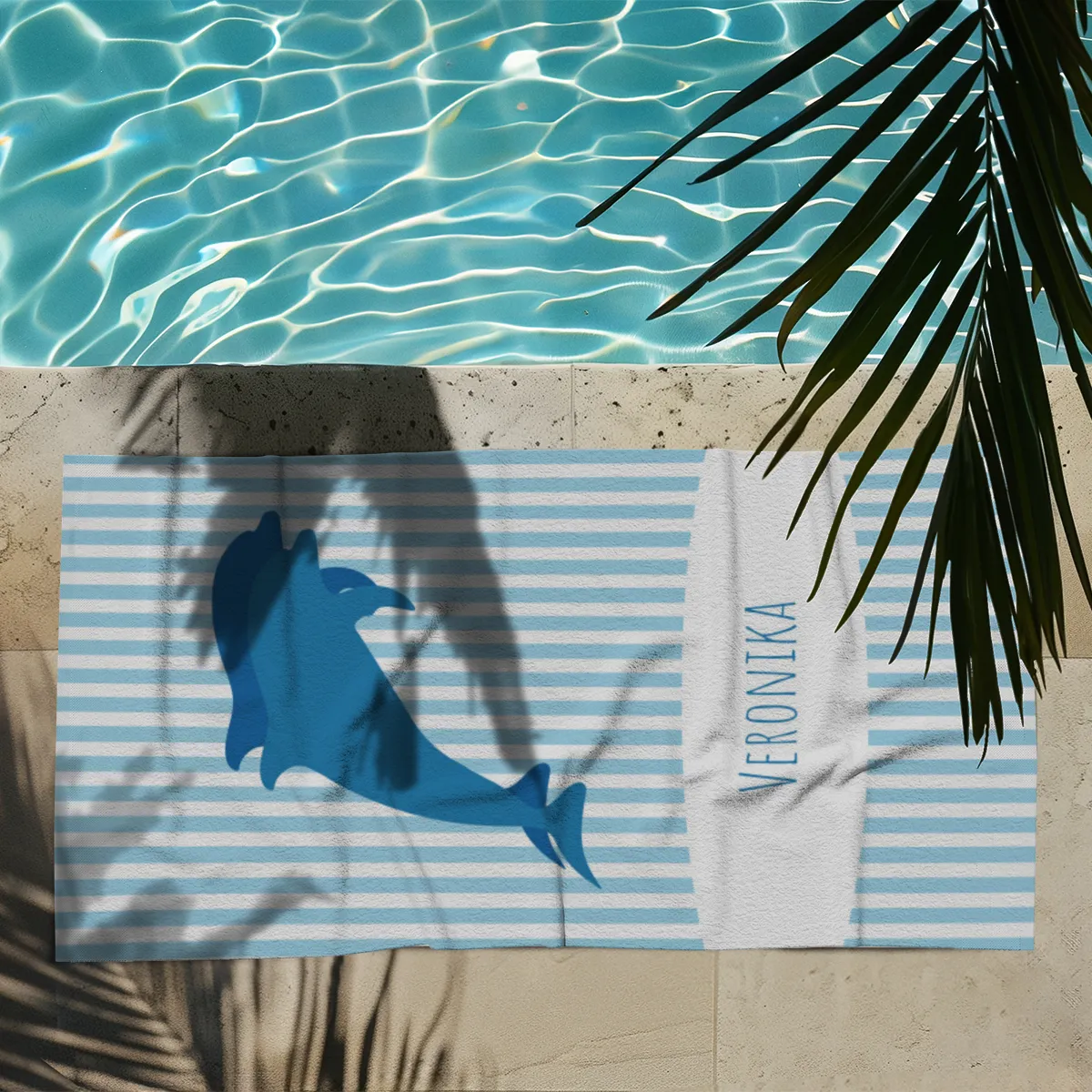 Duschtuch gestreift mit blauen Delfinen - mit Namen personalisierbar - personalisiertes Namensduschtuch - Delfine blau