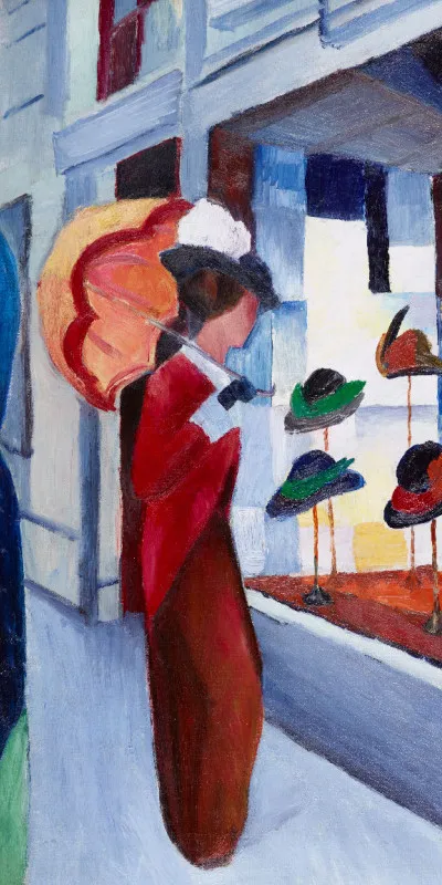 Badetuch Modes: Frau mit Sonnenschirm vor Hutladen - August Macke