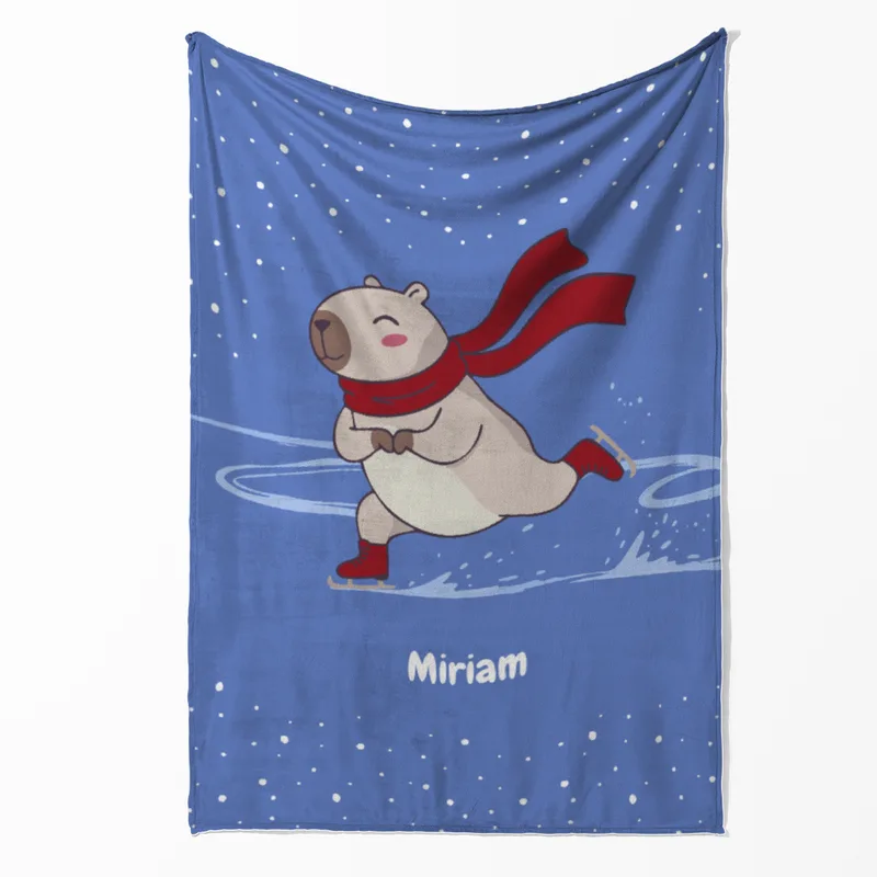 Wohndecke mit Namen personalisierbar, Kuscheldecke, niedliche Namensdecke mit Capybara, Geschenkidee Geburtstag Motiv Capy Wintermütze 140 x 200 cm