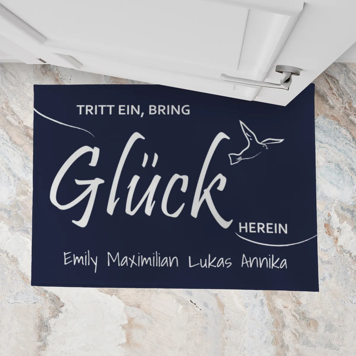 Fußmatte personalisiert Tritt ein, bring Glück herein - Geschenkidee für Familie, zum Einzug - Fussmatte mit Namen bedruckt Glück 70 x 50 cm