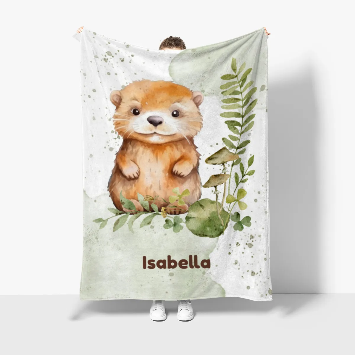 Wohndecke mit Namen personalisierbar, Kuscheldecke, Namensdecke mit Tiermotiv, Geschenkidee Geburtstag Motiv Kleiner Otter 140 x 200 cm