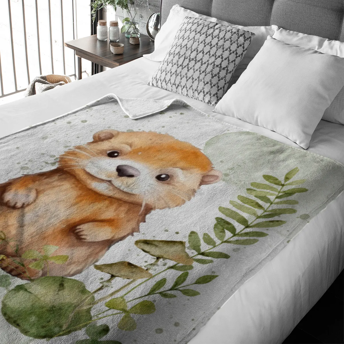 Wohndecke mit Namen personalisierbar, Kuscheldecke, Namensdecke mit Tiermotiv, Geschenkidee Geburtstag Motiv Kleiner Otter 140 x 200 cm