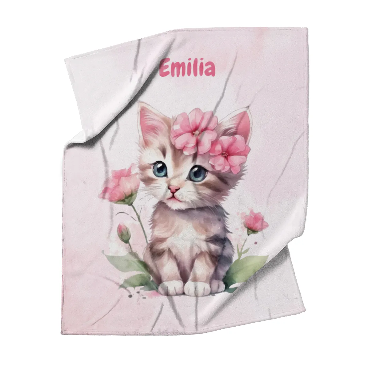 Wohndecke mit Namen personalisierbar, Kuscheldecke, Namensdecke mit süßem Kätzchen, Geschenkidee Geburtstag Motiv Katze rosa 140 x 200 cm