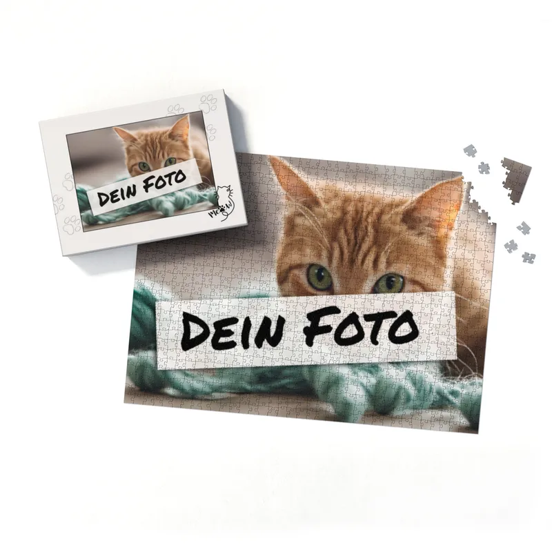 Fotopuzzle mit eigenem Bild - Puzzle selbst gestalten 1000 Teile - Schachtel Meow - mit Foto personalisiert - Geschenk Katzenfans Meow 1000 Teile Quer