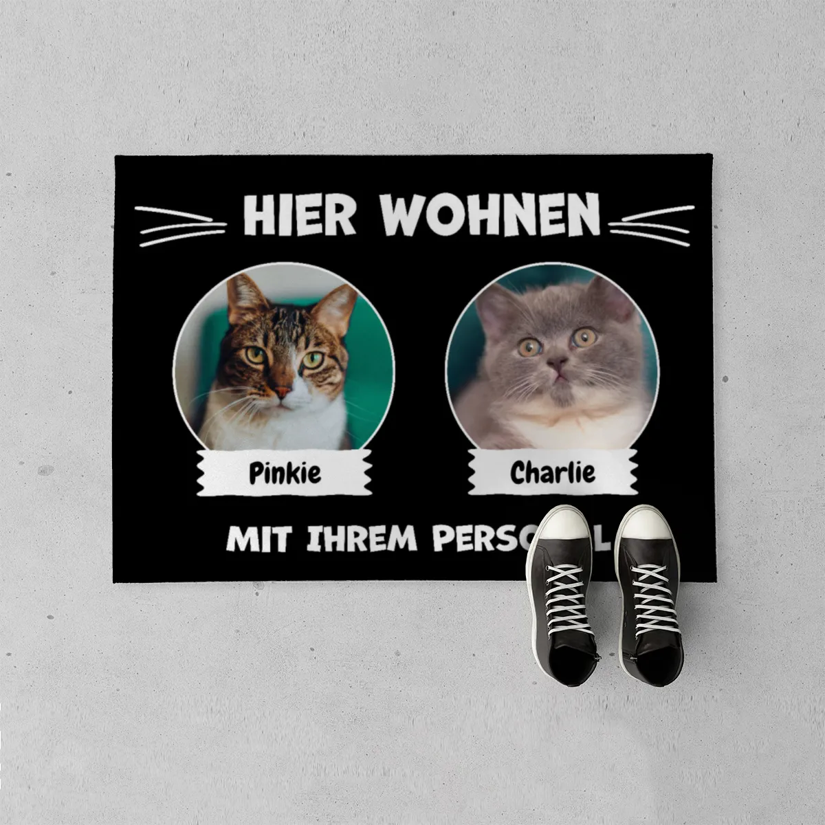 Spruch-Fußmatte Hier wohnt 1 Katze mit Personal - personalisiert mit Foto und Name - Geschenkidee für Katzenhalter, Haustierbesitzer