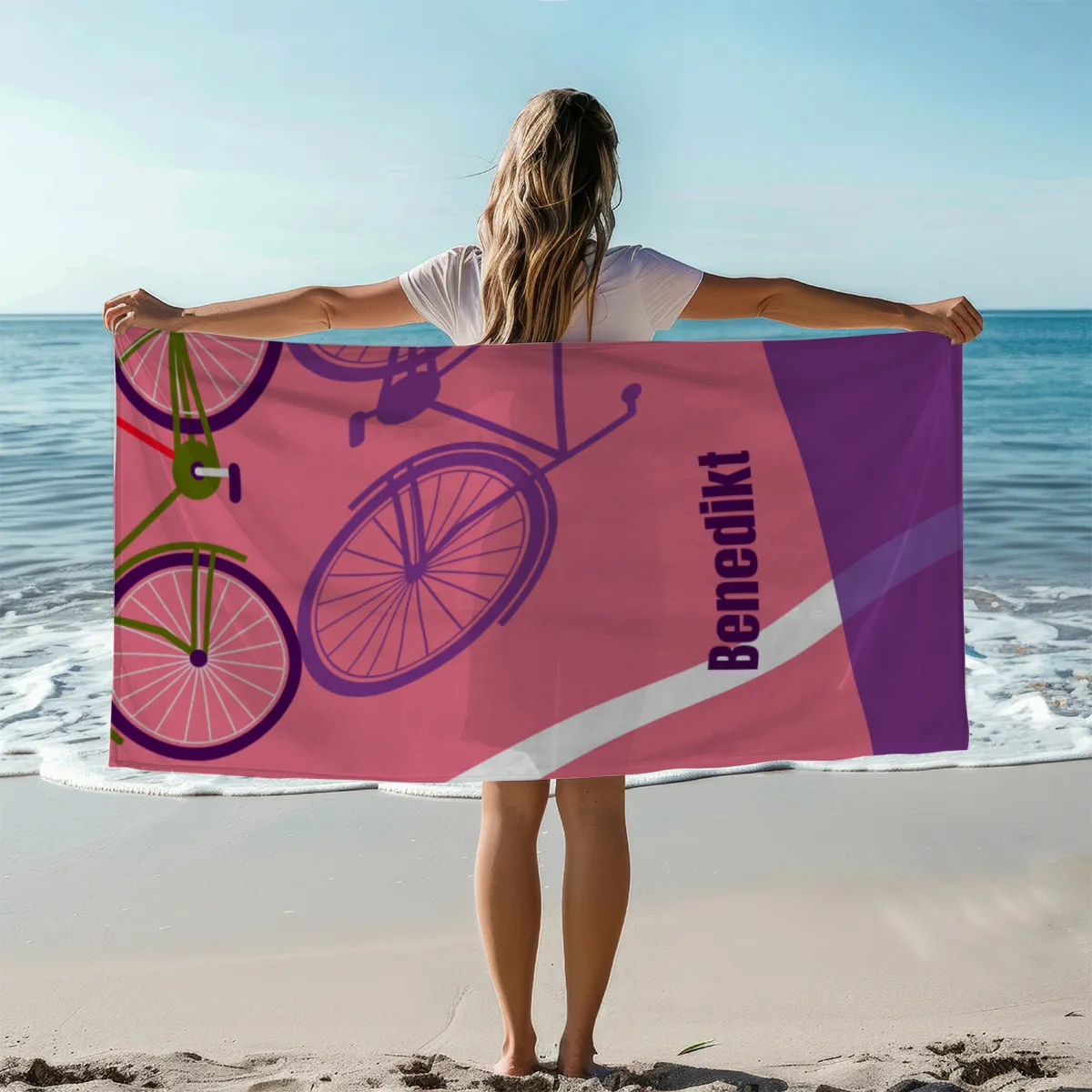 Badetuch Sport - mit Namen personalisierbar - personalisiertes Namens-Badetuch - Strandtuch mit Wunschtext - Fahrrad Schatten
