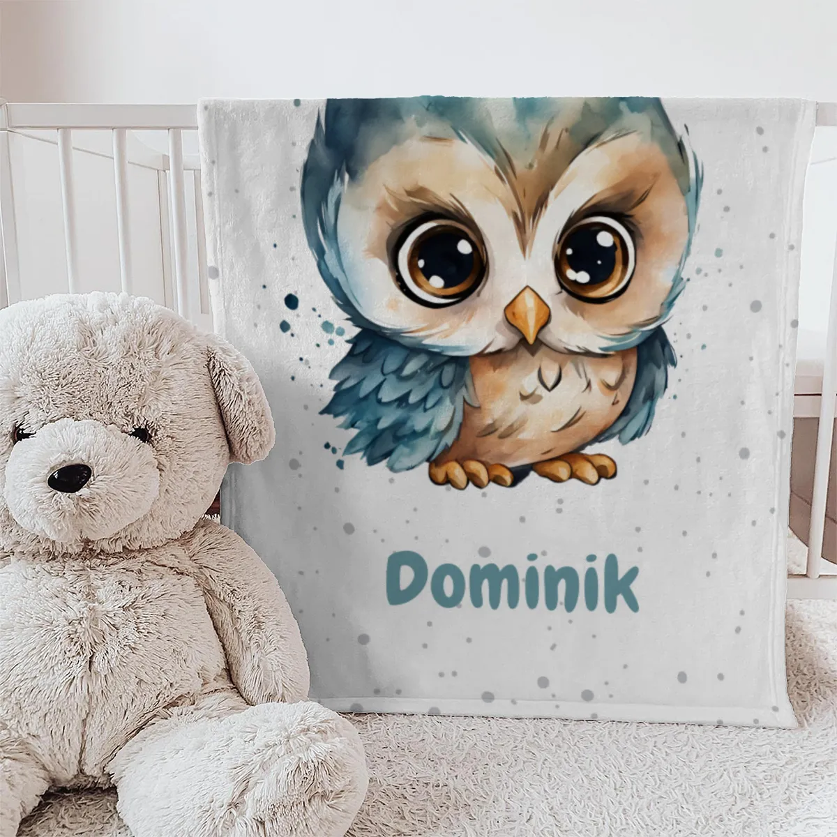 Personalisierte Kuscheldecke mit niedlicher Eule - Decke 75 x 100 cm mit Namen personalisierbar - Geschenkidee Baby - Geschenkidee Geburt Eule 75 x 100 cm