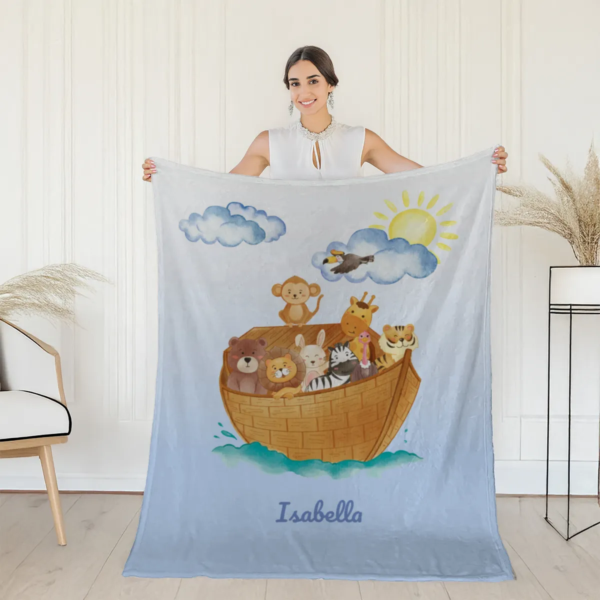 Wohndecke mit Namen personalisierbar, Kuscheldecke, Namensdecke mit niedlichem Tiermotiv, Geschenkidee Geburtstag Motiv Tiere Arche 140 x 200 cm