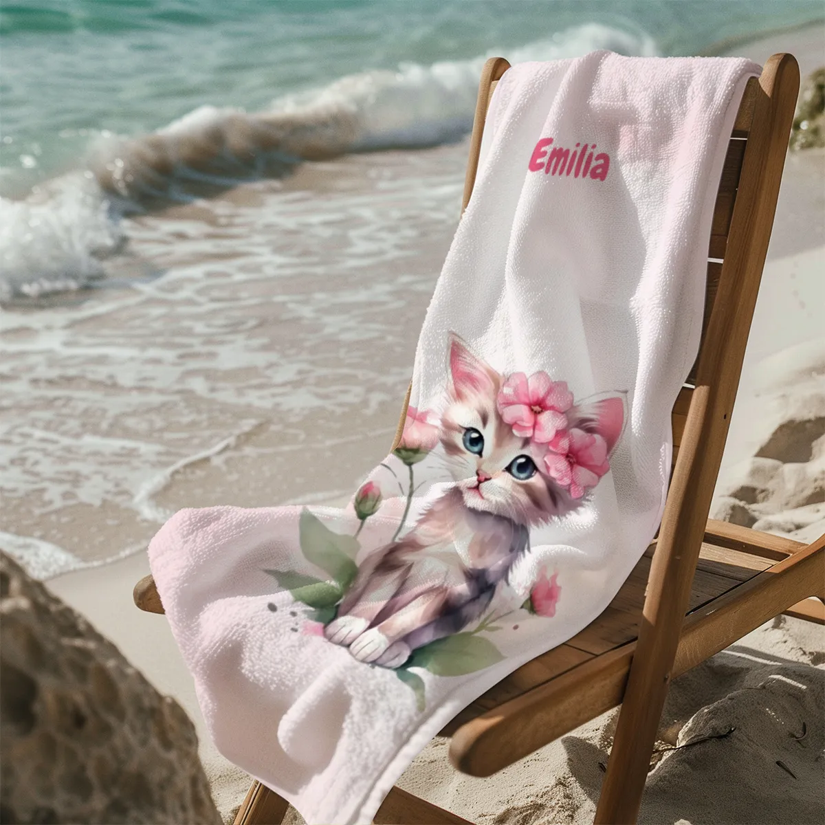 Handtuch mit Namen personalisierbar - personalisiertes Namens-Handtuch mit Wunschtext - Katze rosa