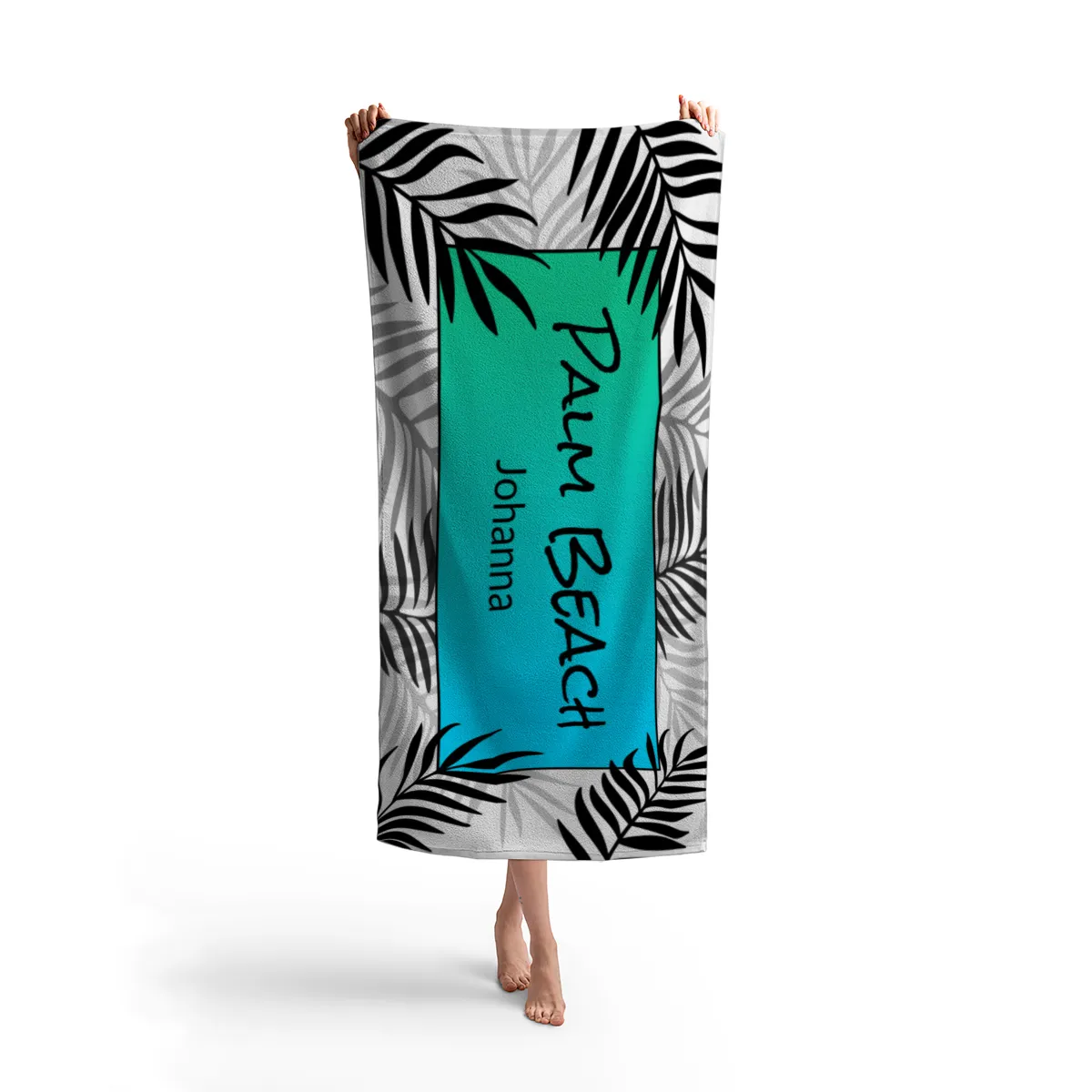 Badetuch Sommer - mit Namen personalisierbar - personalisiertes Namens-Badetuch - Strandtuch mit Wunschtext - Palmenblätter