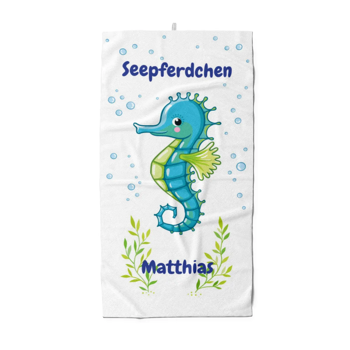 Duschtuch mit Namen personalisierbar - personalisiertes Namens-Duschtuch mit Wunschtext - Seepferdchen blau