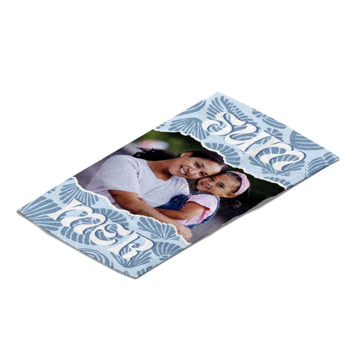 Strandtuch blau Sommer - mit Foto personalisierbar - Foto-Badetuch im Muscheldesign - Muscheln blau