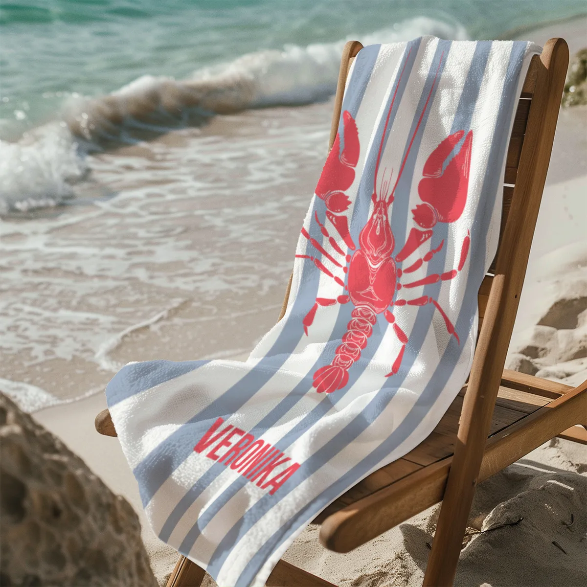 Badetuch blau gestreift mit Hummer - mit Namen personalisierbar - personalisiertes Namens-Badetuch - Strandtuch mit Wunschtext - Lobster blau