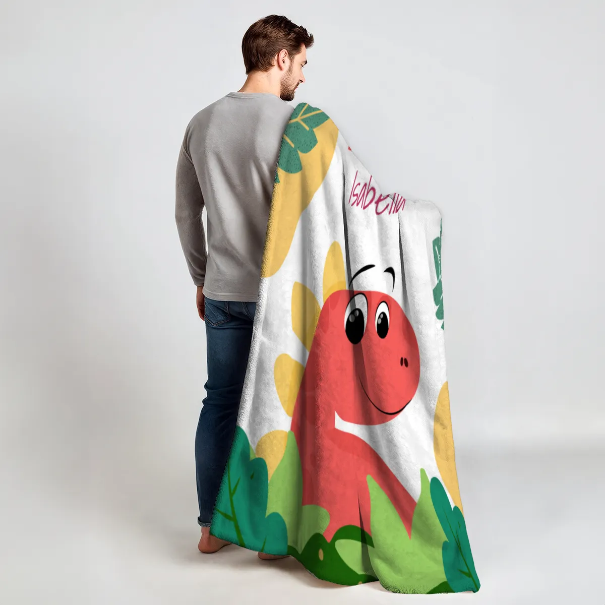 Wohndecke Dream big mit Namen personalisierbar, Kuscheldecke, Namensdecke mit niedlichem Dino, Geschenkidee Geburtstag Motiv Dino rot 140 x 200 cm