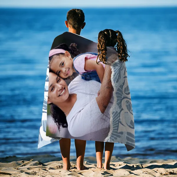 Strandtuch blau Sommer - mit Foto personalisierbar - Foto-Badetuch im Muscheldesign - Muscheln blau