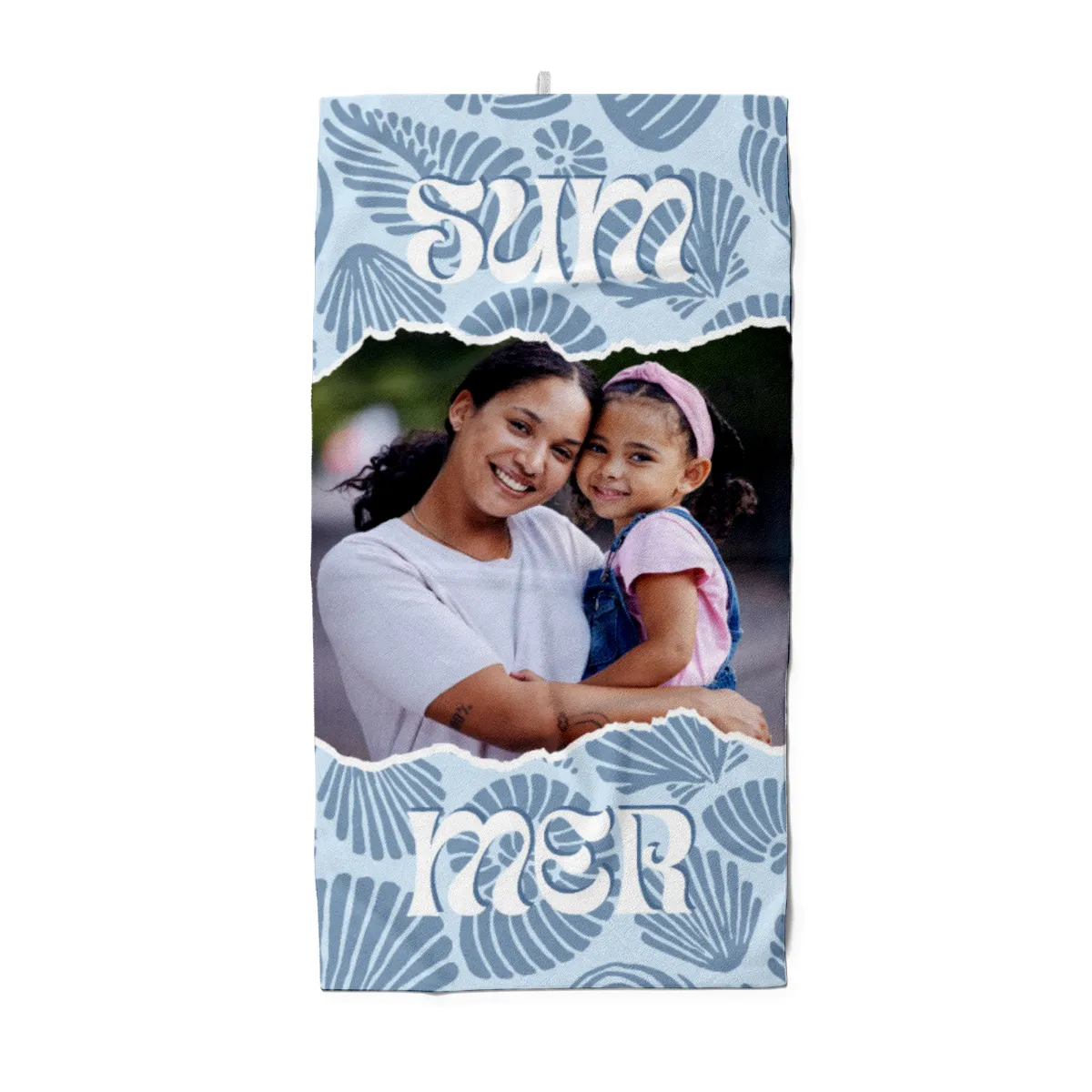 Strandtuch blau Sommer - mit Foto personalisierbar - Foto-Badetuch im Muscheldesign - Muscheln blau