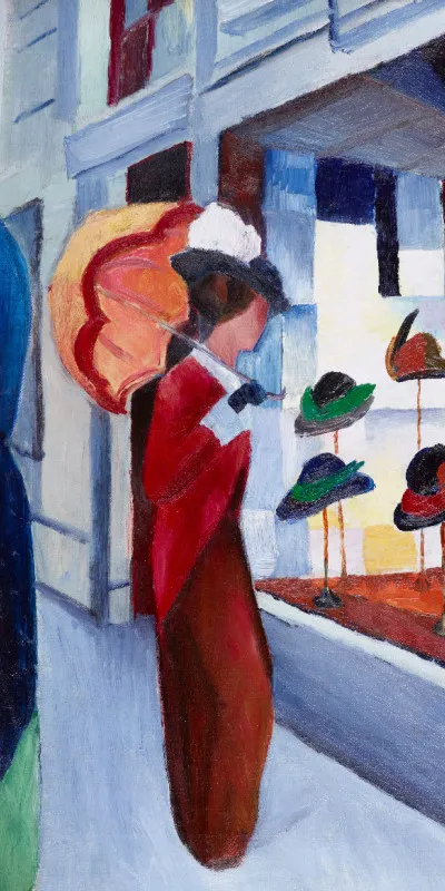 Badetuch Modes: Frau mit Sonnenschirm vor Hutladen - August Macke