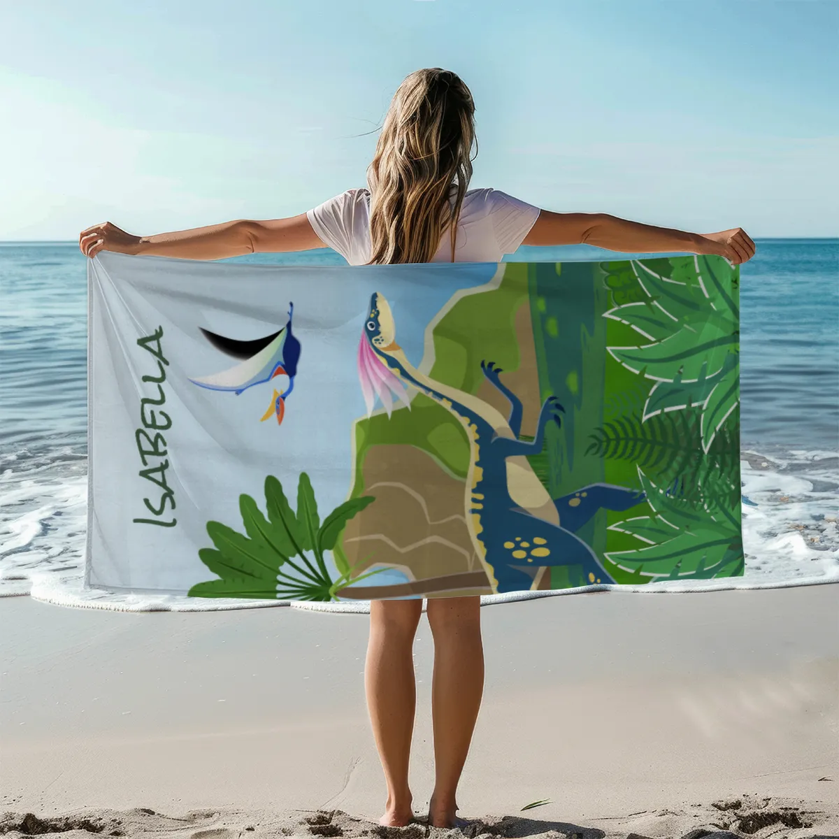 Dinosaurier-Handtuch mit Namen personalisierbar - personalisiertes Namens-Handtuch - Kinderhandtuch mit Wunschtext - Dinowelt
