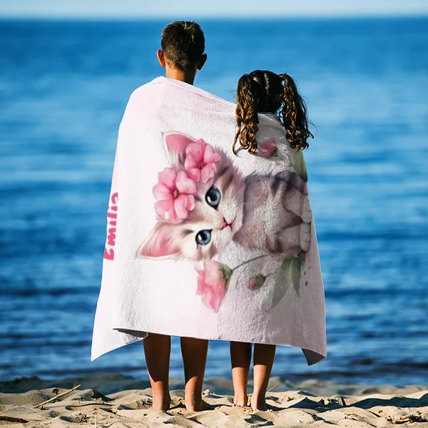 Handtuch mit Namen personalisierbar - personalisiertes Namens-Handtuch mit Wunschtext - Katze rosa