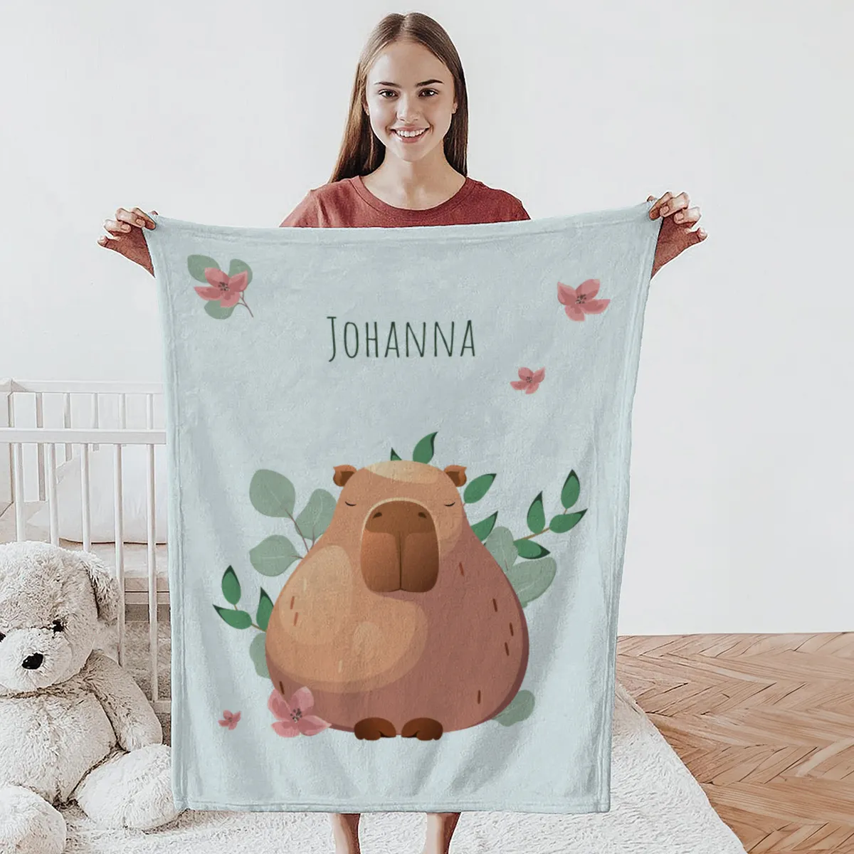 Wohndecke mit Namen personalisierbar, Kuscheldecke, niedliche Namensdecke mit Capybara, Geschenkidee Geburtstag Motiv Capy Wintermütze 140 x 200 cm
