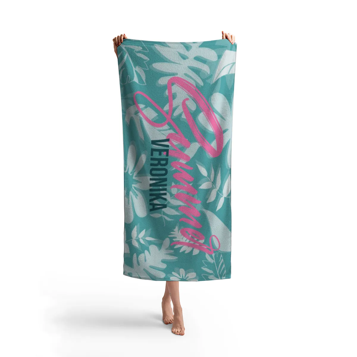 Badetuch Summer mit tropischen Blättern - mit Namen personalisierbar - personalisiertes Namensbadetuch - Strandtuch Sommer mit Namen - Summerleaves