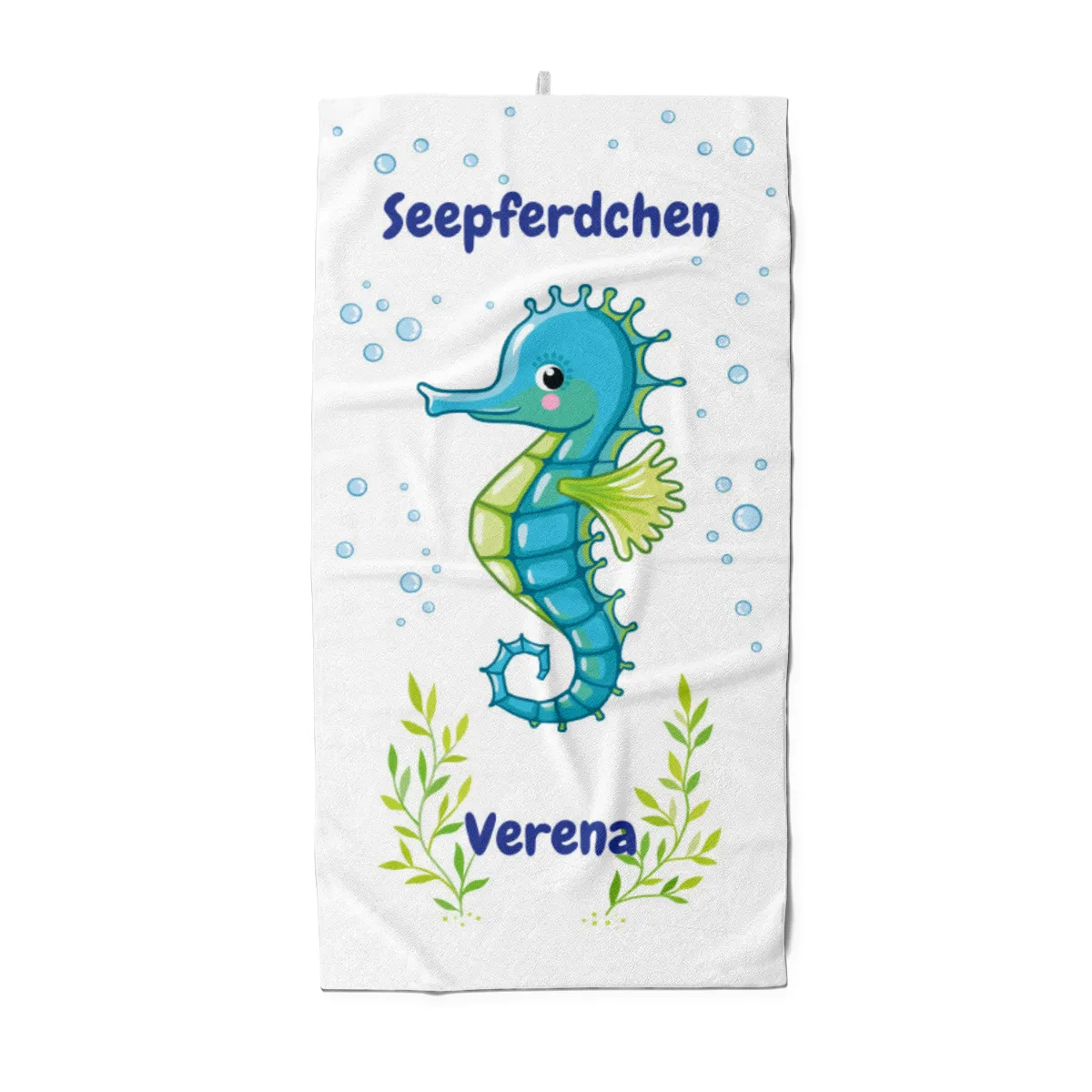 Duschtuch mit Namen personalisierbar - personalisiertes Namens-Duschtuch mit Wunschtext - Seepferdchen blau
