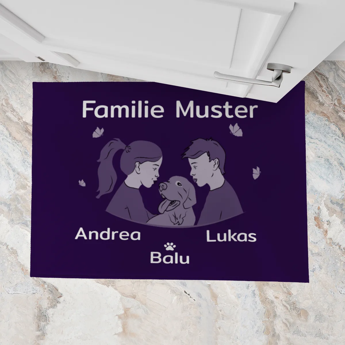 Personalisierte Fußmatte Pärchen mit Hund und Katze schwarz 70 x 50 cm