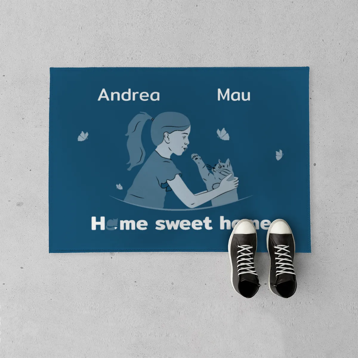 Personalisierte Fußmatte Pärchen mit Hund und Katze schwarz 70 x 50 cm