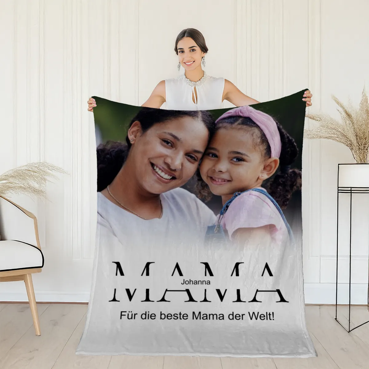 Kuscheldecke Mama 140 x 200 cm - mit Foto und 2 Texten personalisierbar - Fotodecke selbst gestalten - Geschenkidee Muttertag, Geburtstag MAMA white