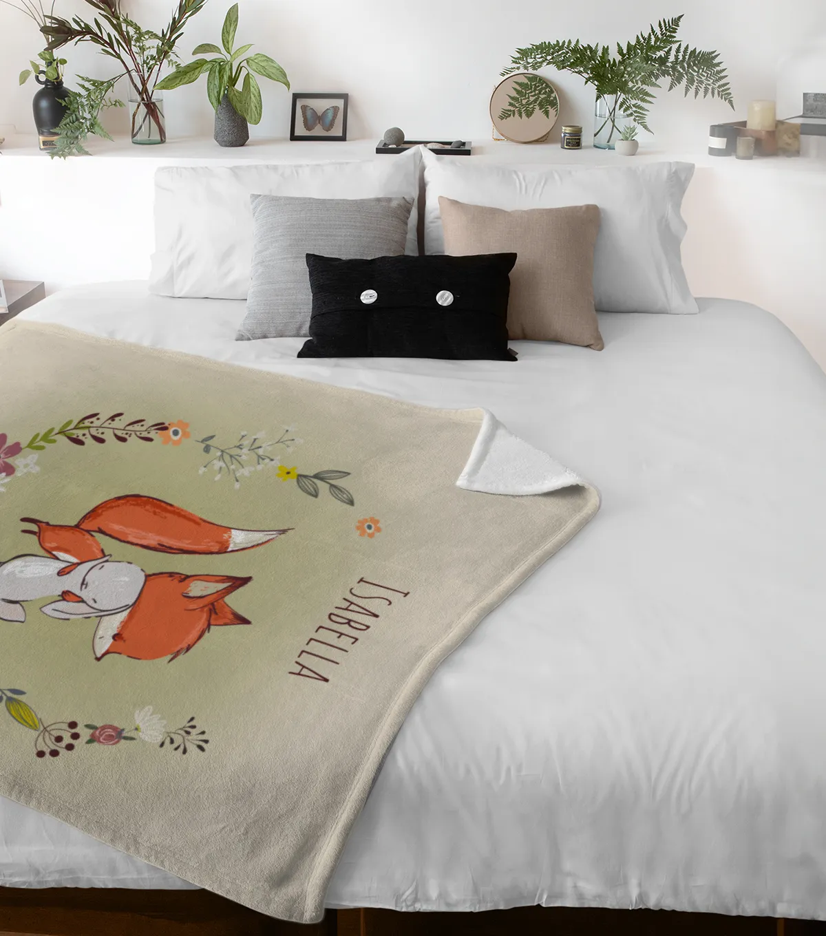 Babydecke mit Namen personalisierbar, Kuscheldecke, Namensdecke mit niedlichem Tiermotiv, Geschenkidee Geburtstag Motiv Fuchs und Hase 75 x 100 cm