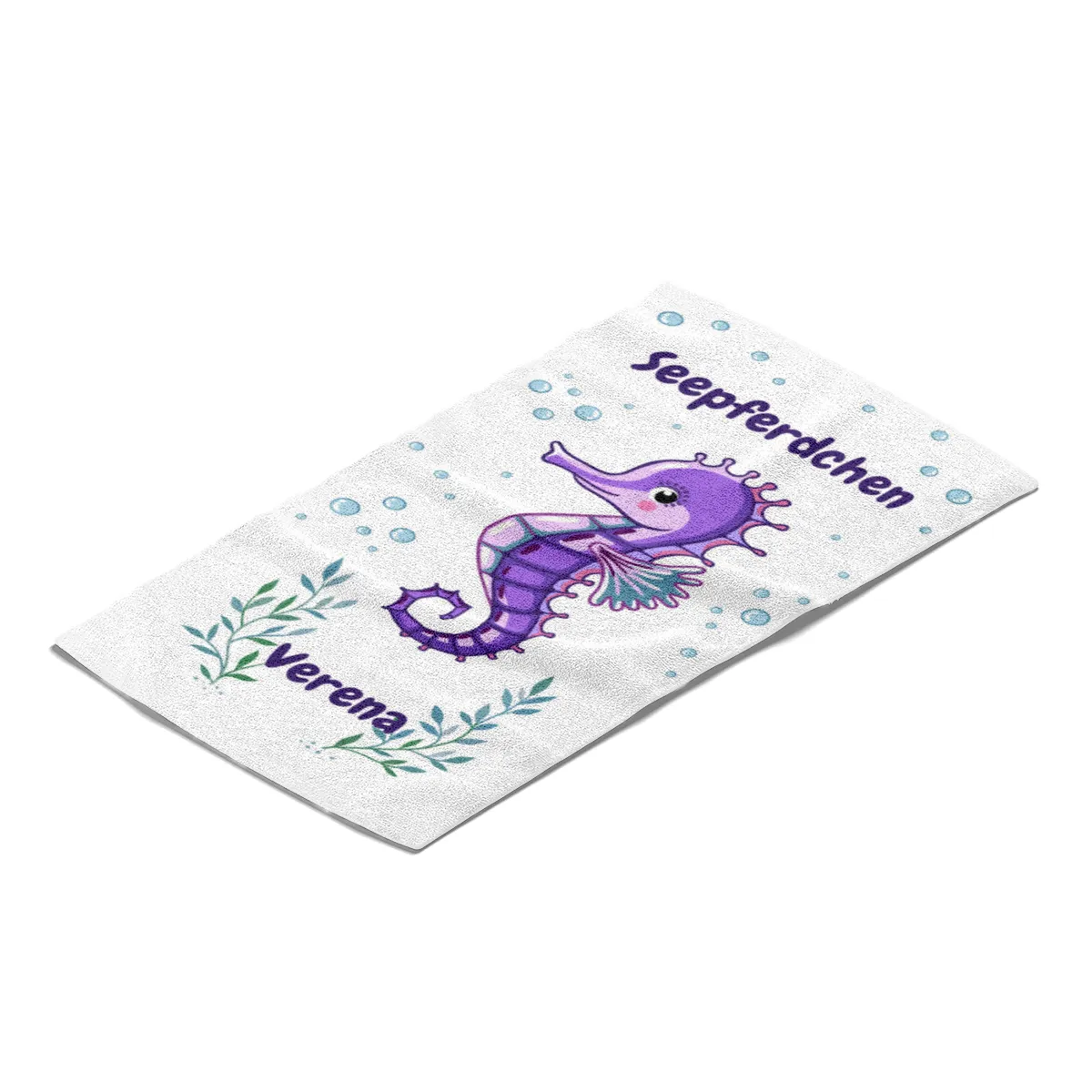 Duschtuch mit Namen personalisierbar - personalisiertes Namens-Duschtuch mit Wunschtext - Seepferdchen blau