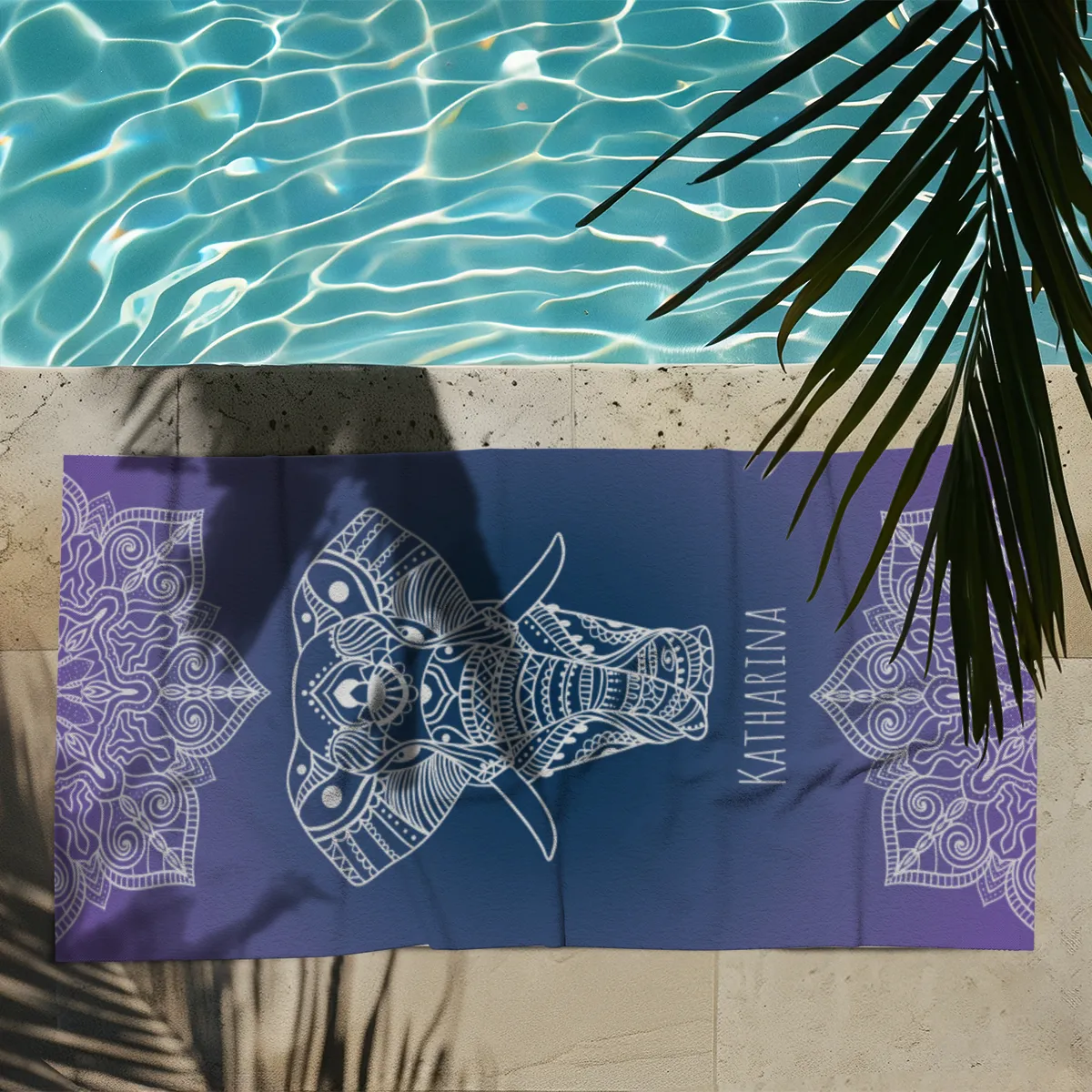 Badetuch Sommer - mit Namen personalisierbar - personalisiertes Namens-Badetuch - Strandtuch mit Wunschtext - Mandala Elefant