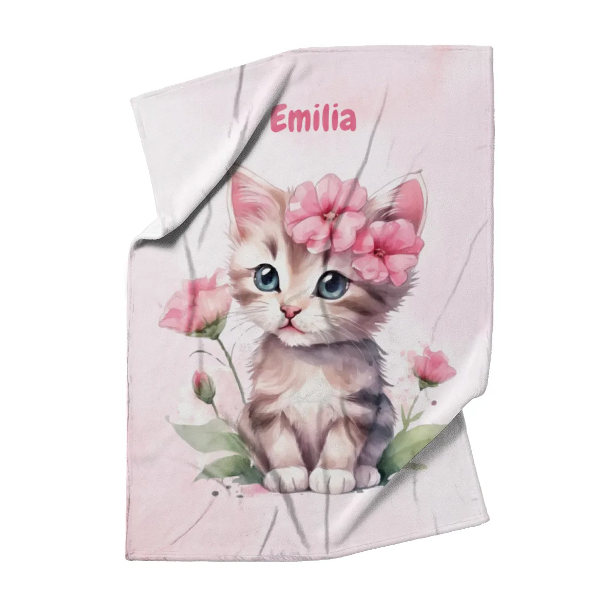Wohndecke mit Namen personalisierbar, Kuscheldecke, Namensdecke mit süßem Kätzchen, Geschenkidee Geburtstag Motiv Katze rosa 140 x 200 cm