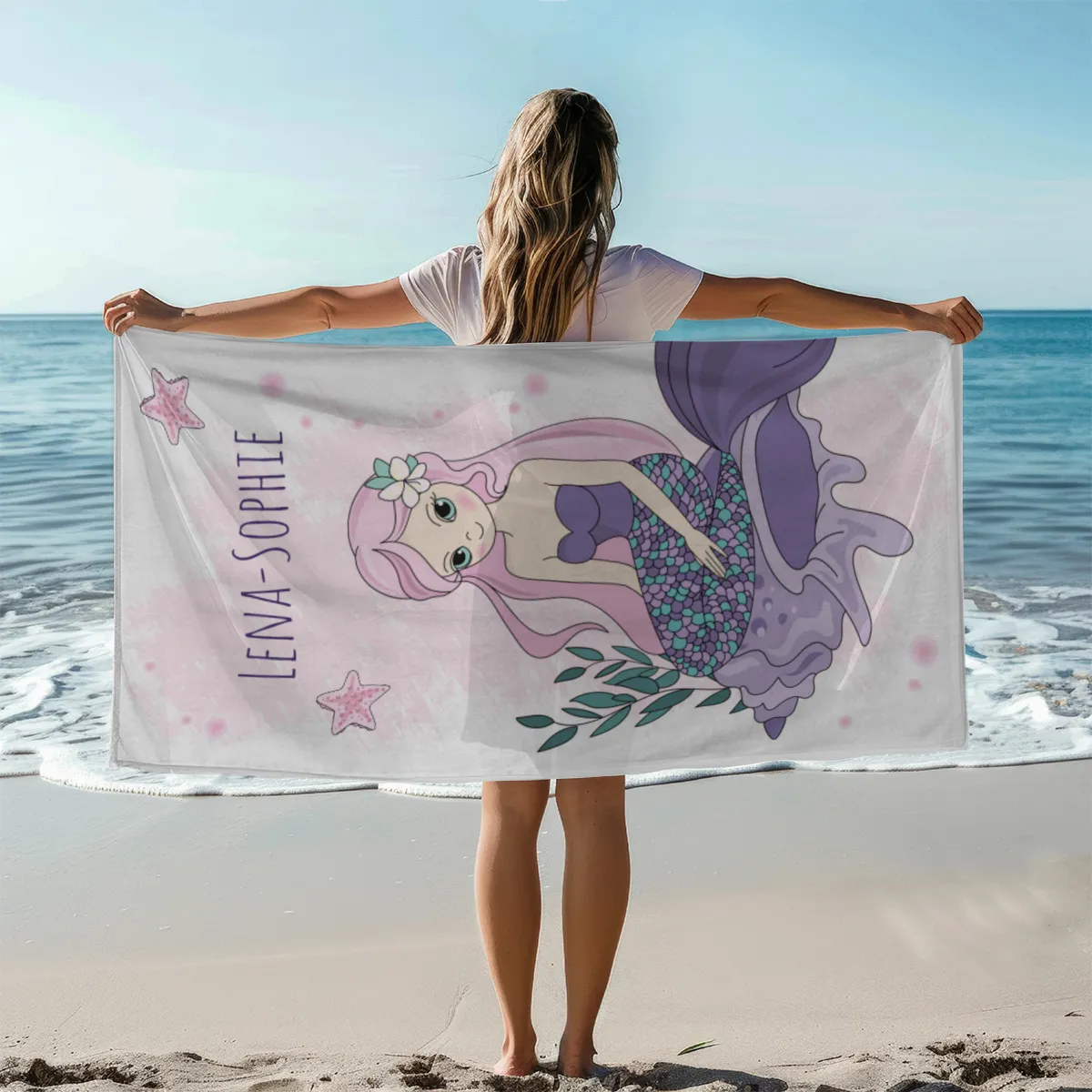 Handtuch mit Namen personalisierbar - personalisiertes Namens-Handtuch - Kinderhandtuch mit Wunschtext - Meerjungfrau