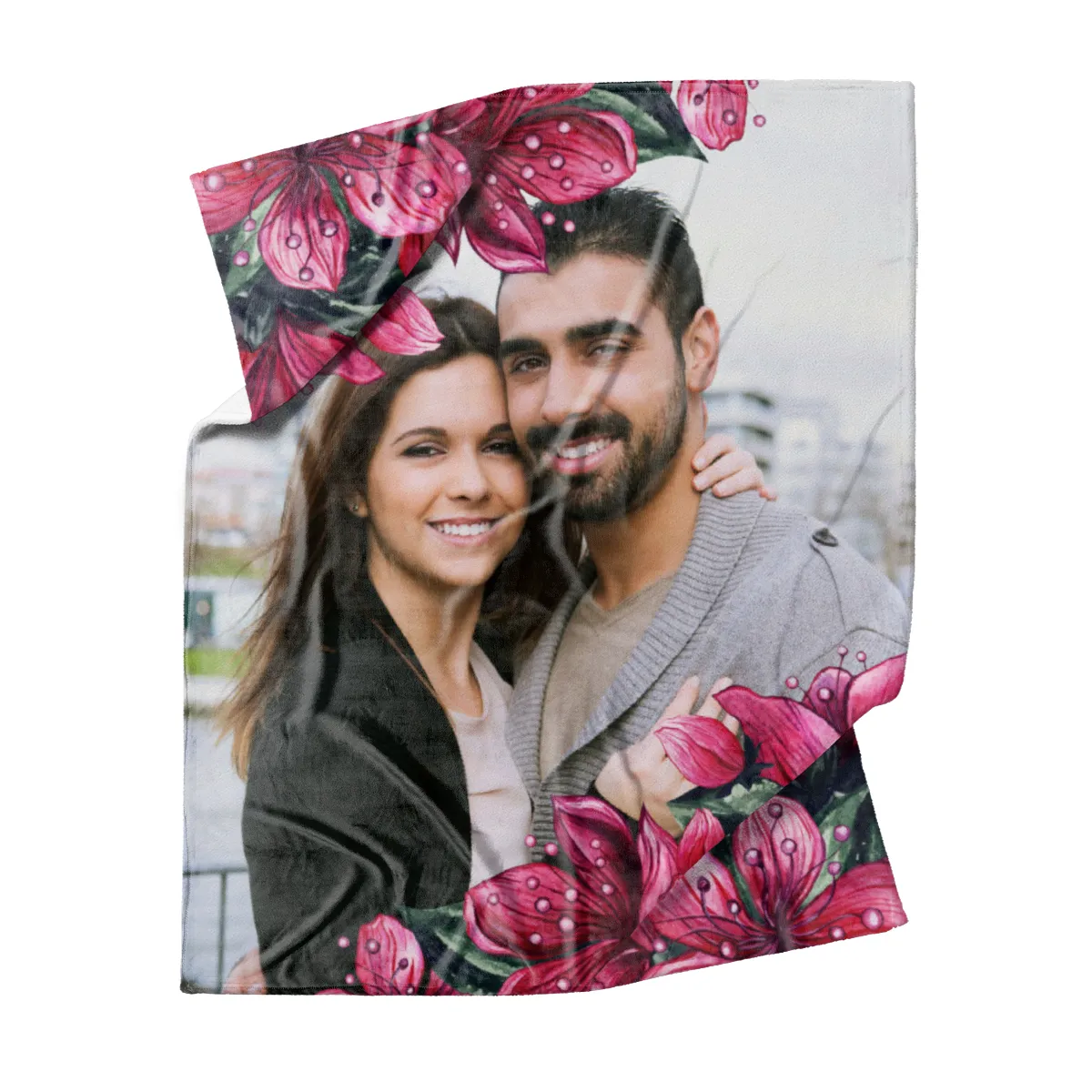 Kuscheldecke Pink Floral 140 x 200 cm mit Ihrem Bild - mit Foto personalisierbar - Fotodecke floral selbst gestalten - Geschenkidee Valentin, Hochzeit 1 Foto Pink Floral 140 x 200 cm