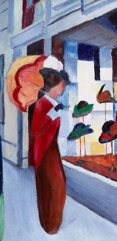 Badetuch Modes: Frau mit Sonnenschirm vor Hutladen - August Macke