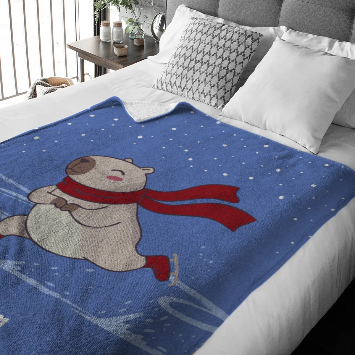 Wohndecke mit Namen personalisierbar, Kuscheldecke, niedliche Namensdecke mit Capybara, Geschenkidee Geburtstag Motiv Capy Wintermütze 140 x 200 cm