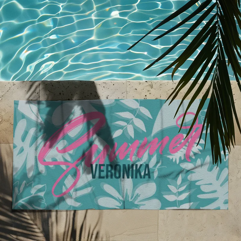 Badetuch Summer mit tropischen Blättern - mit Namen personalisierbar - personalisiertes Namensbadetuch - Strandtuch Sommer mit Namen - Summerleaves