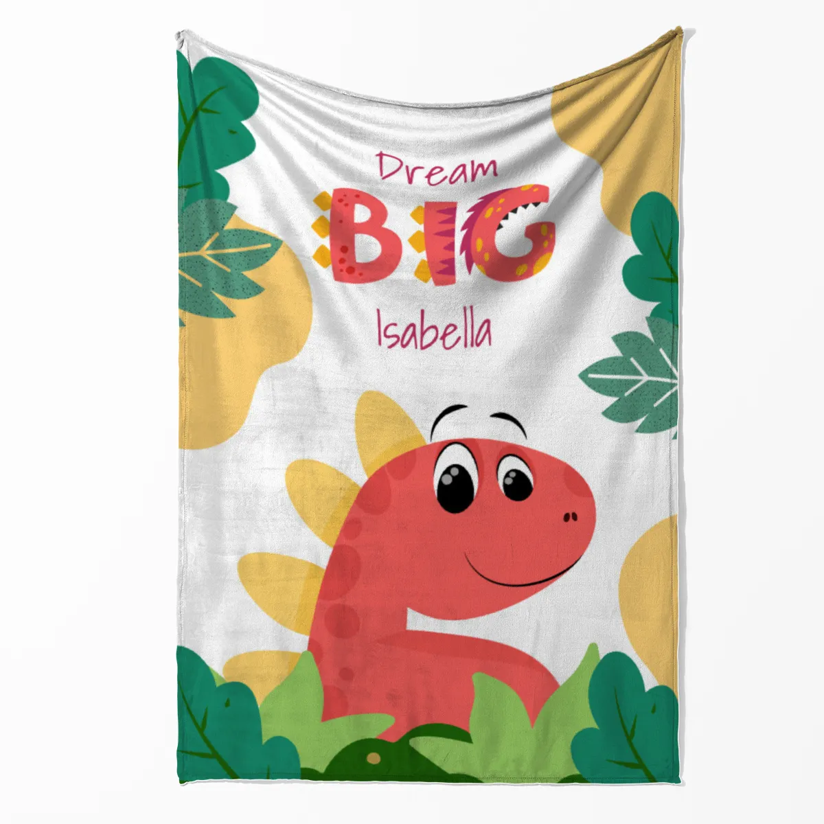 Wohndecke Dream big mit Namen personalisierbar, Kuscheldecke, Namensdecke mit niedlichem Dino, Geschenkidee Geburtstag Motiv Dino rot 140 x 200 cm