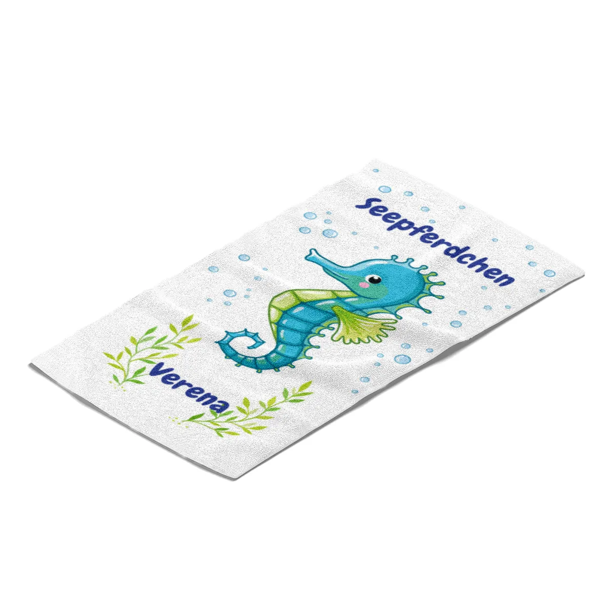 Duschtuch mit Namen personalisierbar - personalisiertes Namens-Duschtuch mit Wunschtext - Seepferdchen blau