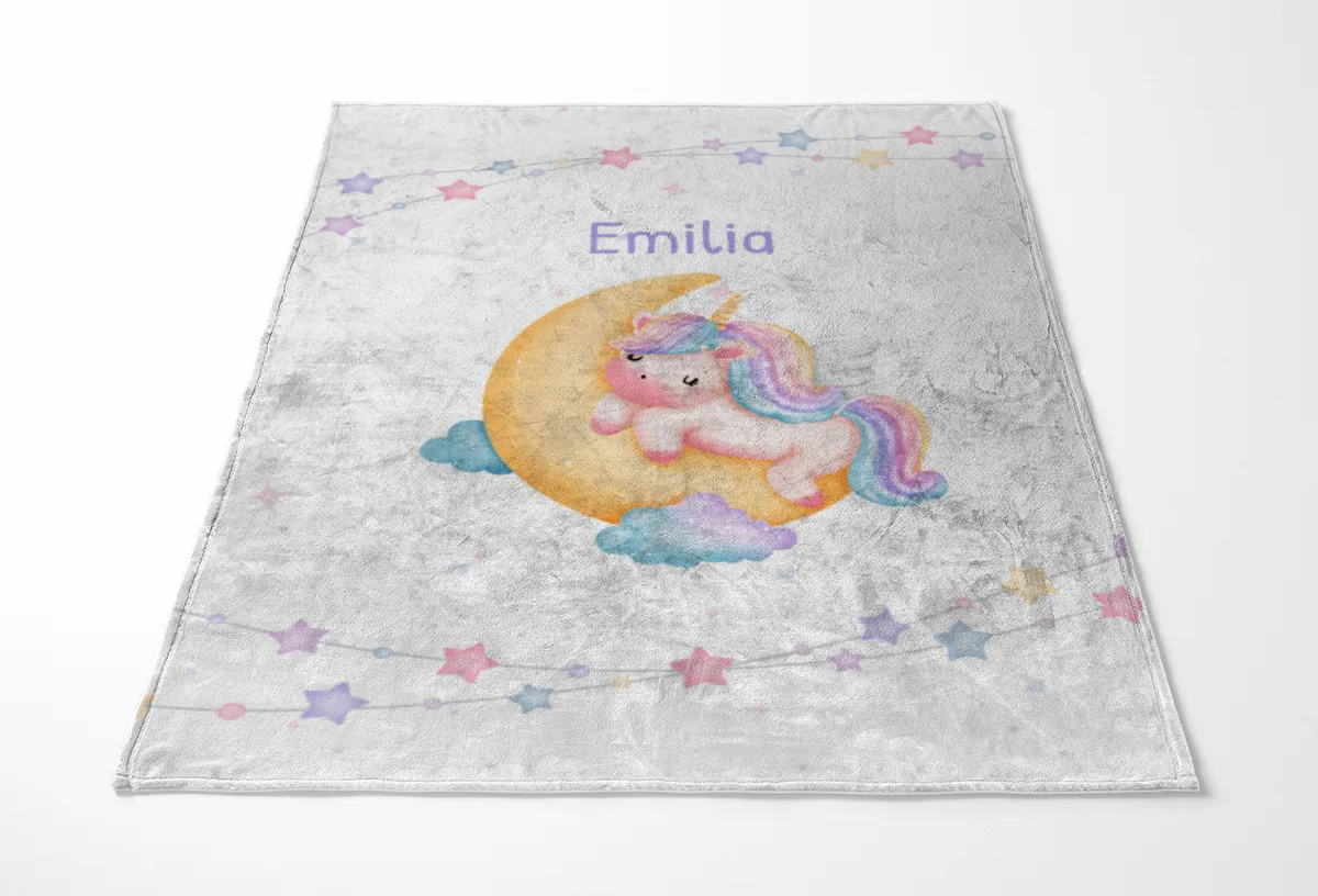 Babydecke mit Namen personalisierbar, Kuscheldecke, Namensdecke mit Einhorn, Geschenkidee Geburt Motiv Einhorn 75 x 100 cm