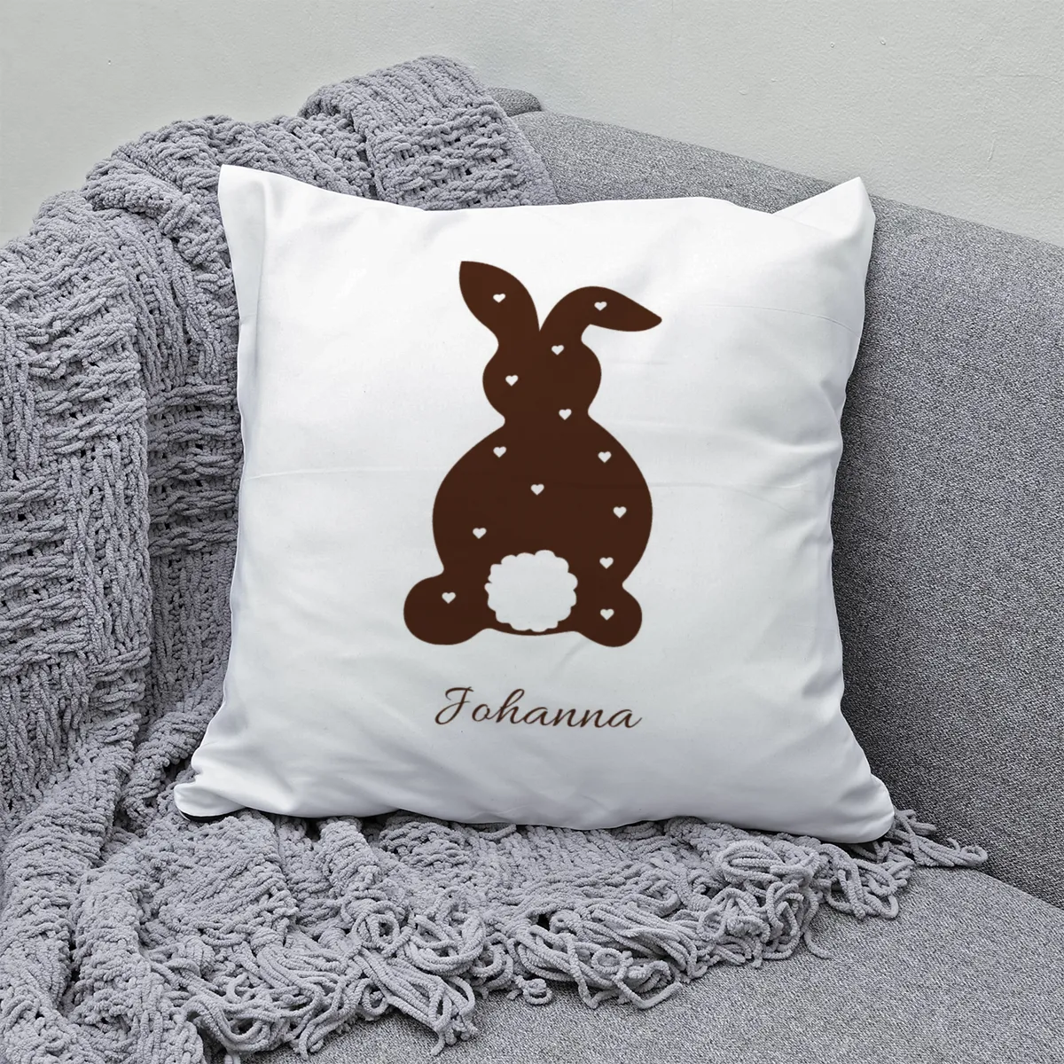 Namenskissen Ostern - Samtkissenbezug Hase Frohe Ostern - mit Namen personalisierbar - Osterdeko - Geschenkidee Ostern Hase Herzen 40 x 40 cm