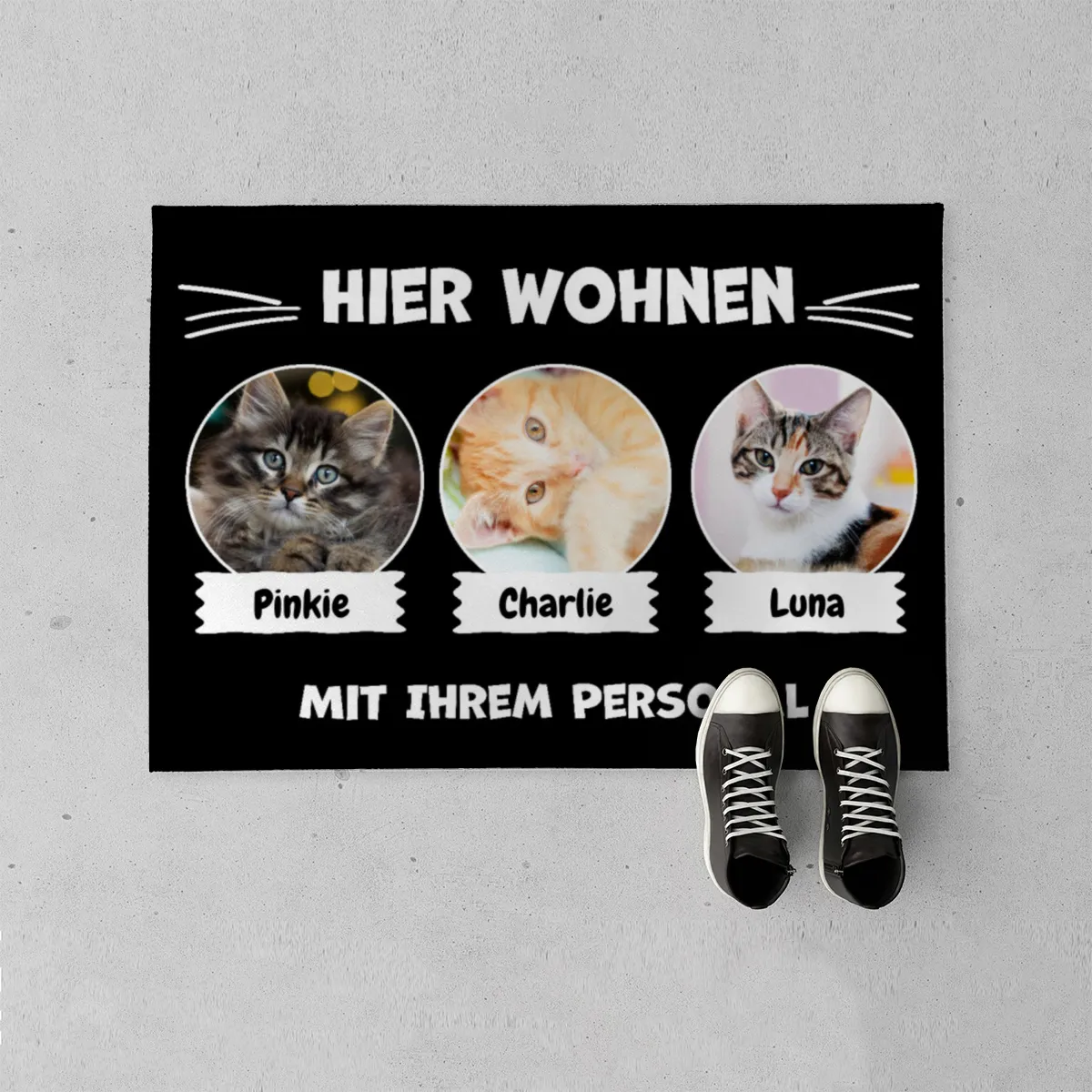 Spruch-Fußmatte Hier wohnt 1 Katze mit Personal - personalisiert mit Foto und Name - Geschenkidee für Katzenhalter, Haustierbesitzer