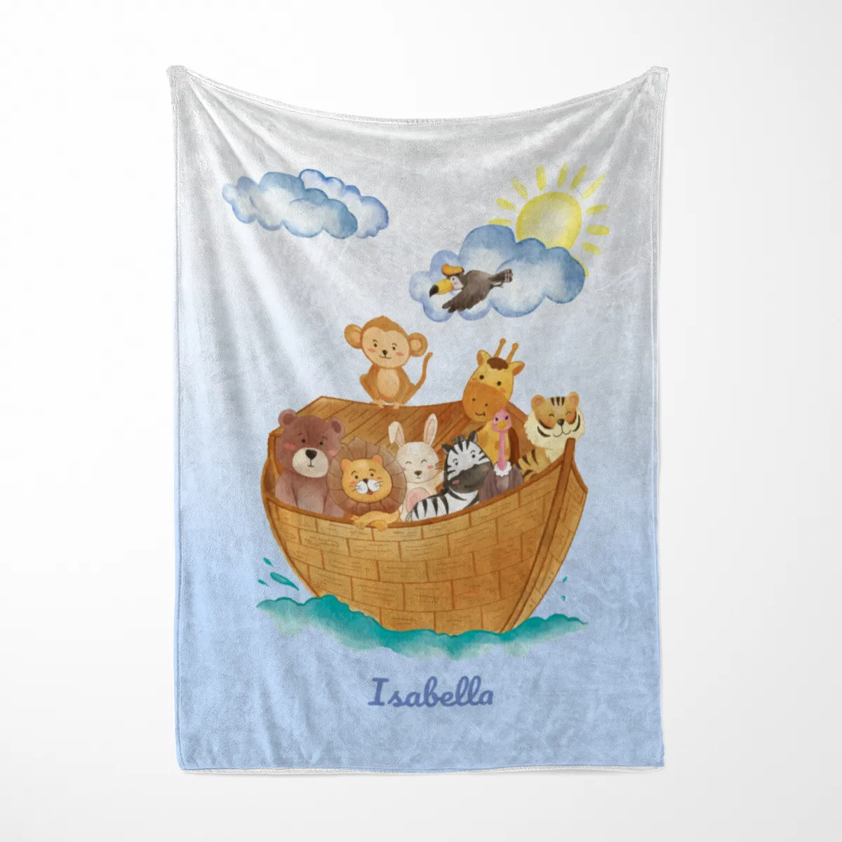 Wohndecke mit Namen personalisierbar, Kuscheldecke, Namensdecke mit niedlichem Tiermotiv, Geschenkidee Geburtstag Motiv Tiere Arche 140 x 200 cm