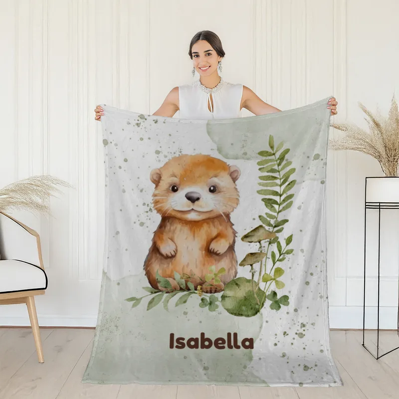 Wohndecke mit Namen personalisierbar, Kuscheldecke, Namensdecke mit Tiermotiv, Geschenkidee Geburtstag Motiv Kleiner Otter 140 x 200 cm