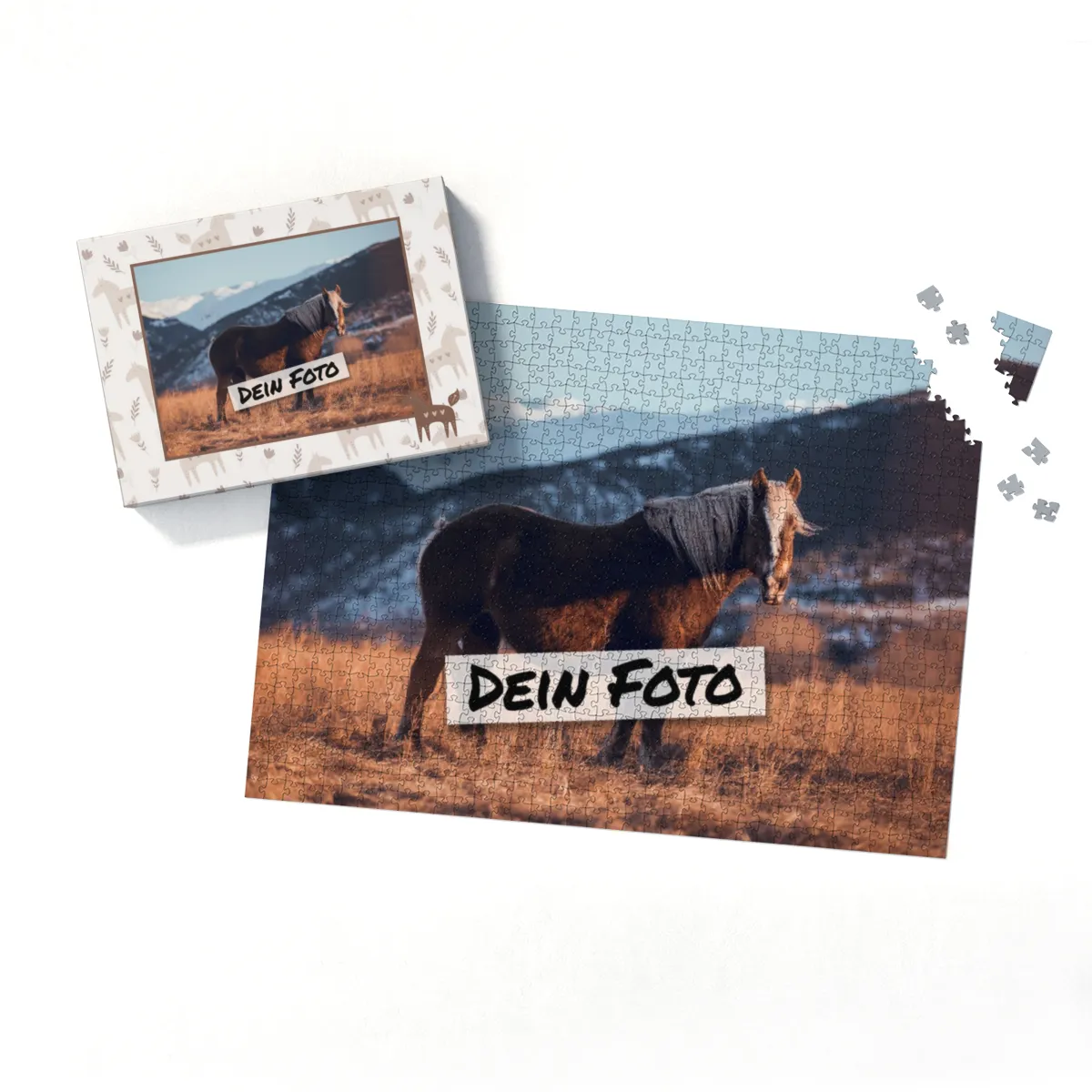 Fotopuzzle mit eigenem Bild - Fotopuzzle selbst gestalten 1000 Teile - Schachtel Skandipferde- Puzzle mit Foto personalisiert - Geschenk Geburtstag, Pferdefans Skandipferde 1000 Teile Quer
